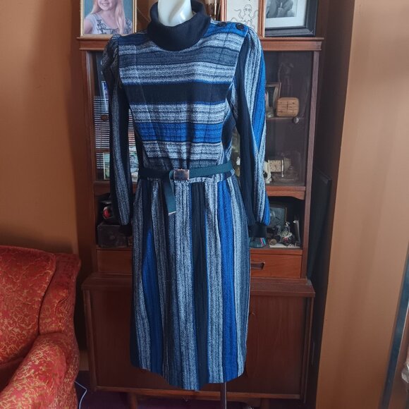 sz 13-14 Vintage New Wave Dress 1980's P.V. Rich Striped Knit Belted Made In USA - Picture 6 of 11